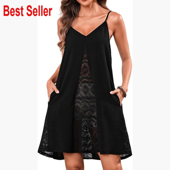 Other - Polyester Crochet Tank Dress with Spaghetti Straps and Pockets